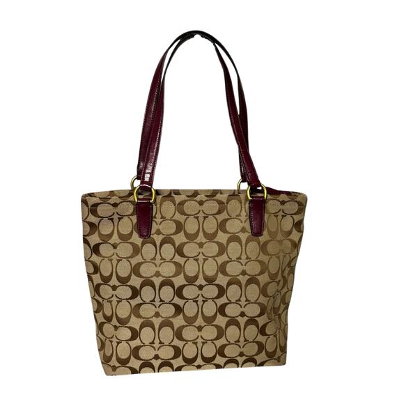 Coach Signature Stripe Tote Bag Tan Jacquard Pink Plum Patent Leather F28504 - Picture 2 of 15